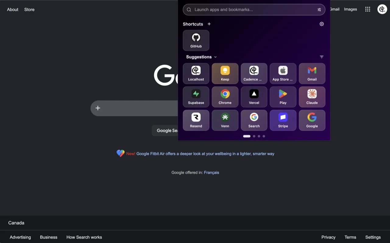 Tempo Launcher’s quick launcher open over a web page