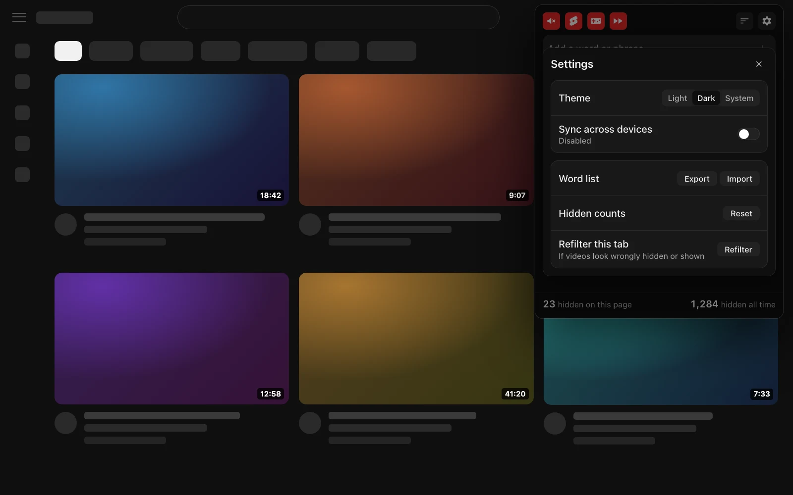 YouMods settings: theme, sync across devices, keyword import and export